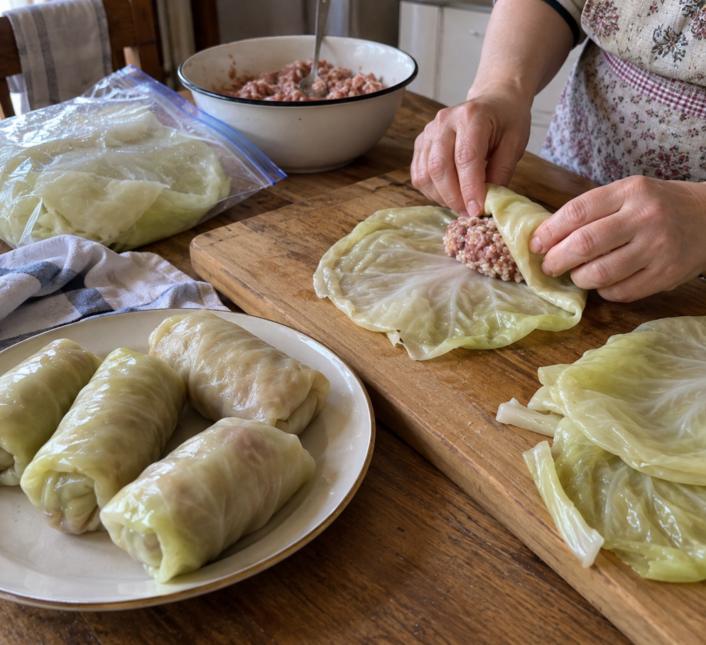 голубцы из заранее бланшированных и замороженных капустных листьев