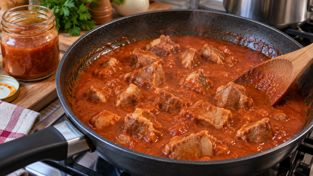 мясо тушится с острым овощным соусом из зимней заготовки