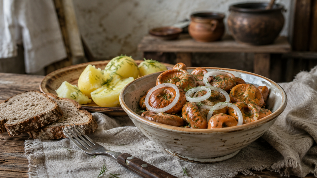 подача солёных рыжиков с луком и картофелем