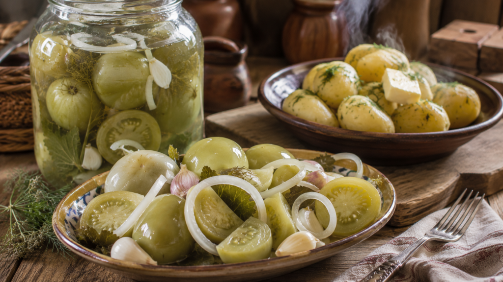 подача домашних зелёных помидоров с луком и картофелем