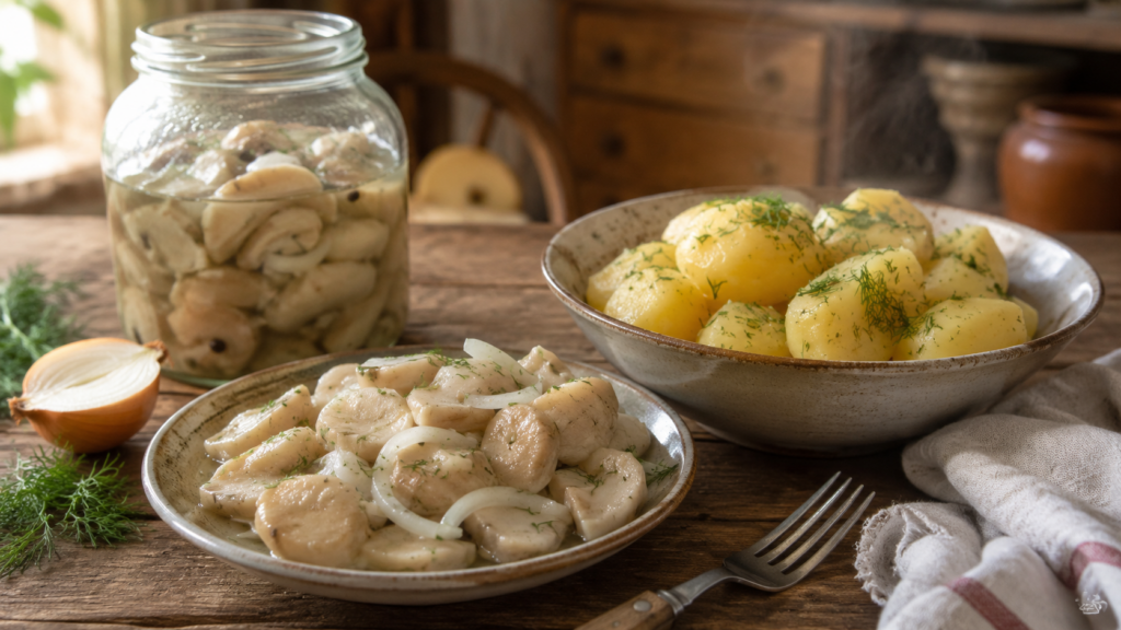 подача солёных белых груздей с луком и картофелем