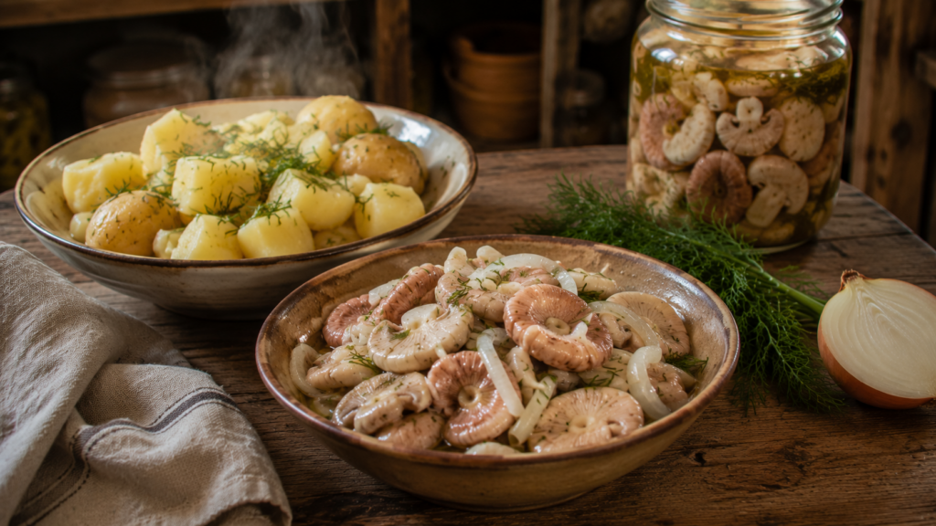 подача домашних солёных волнушек с луком и картофелем