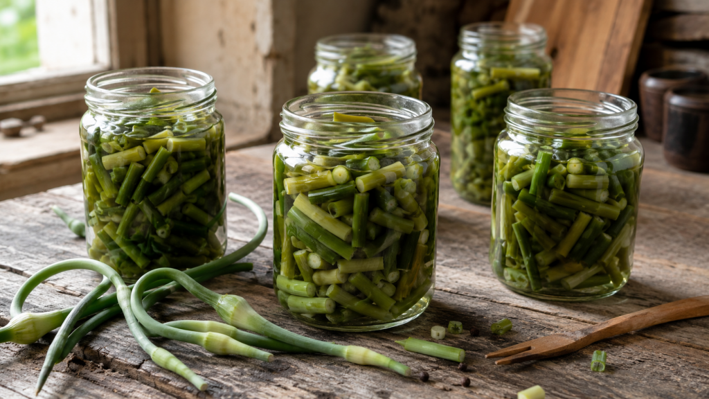 маринованные стрелки чеснока короткими кусочками