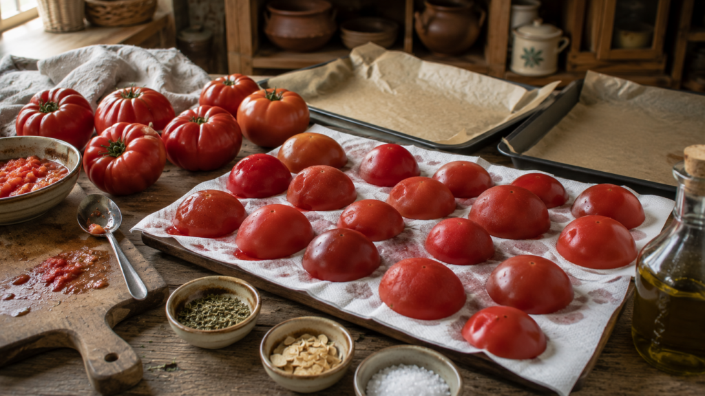 подготовленные мясистые помидоры после удаления сока