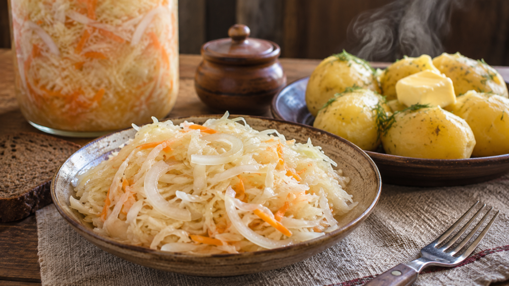 подача хрустящей домашней капусты с картофелем