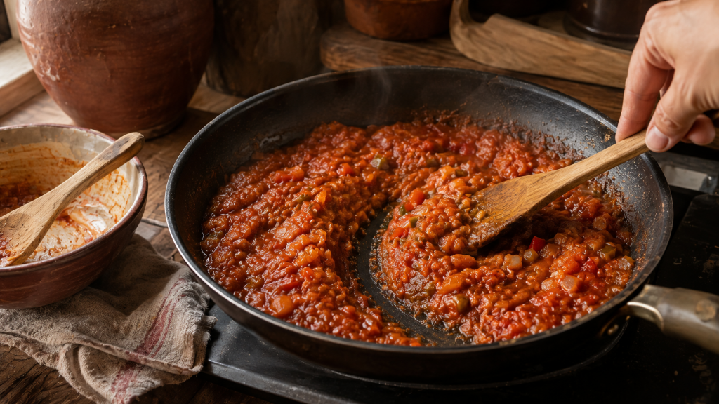 густая заправка с солёными огурцами и томатами перед заполнением банок