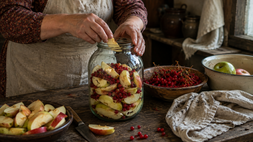заполнение банки яблоками и калиной для компота