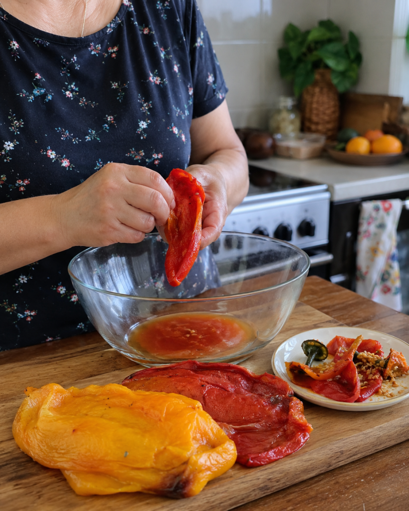очищенный печёный перец и собранный собственный сок