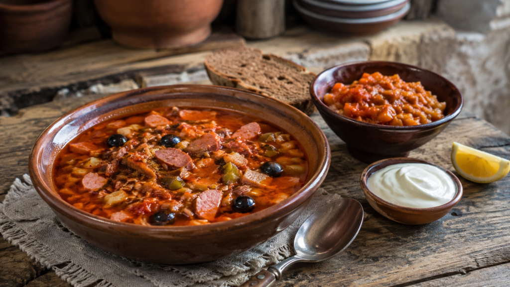 мясная солянка с домашней овощной заправкой