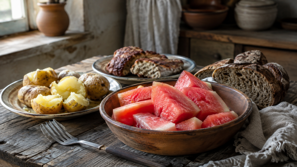подача солёных арбузов с картофелем и мясом