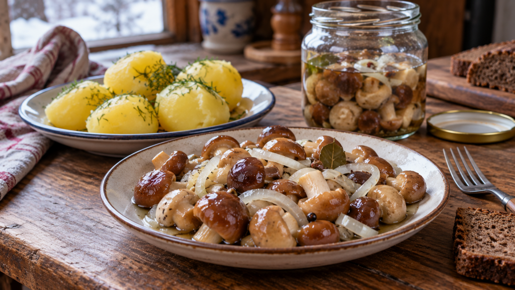 Целые маринованные грибы с луком рядом с горячим картофелем