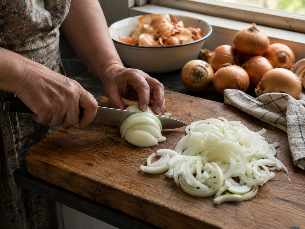 репчатый лук нарезают полукольцами перед сушкой