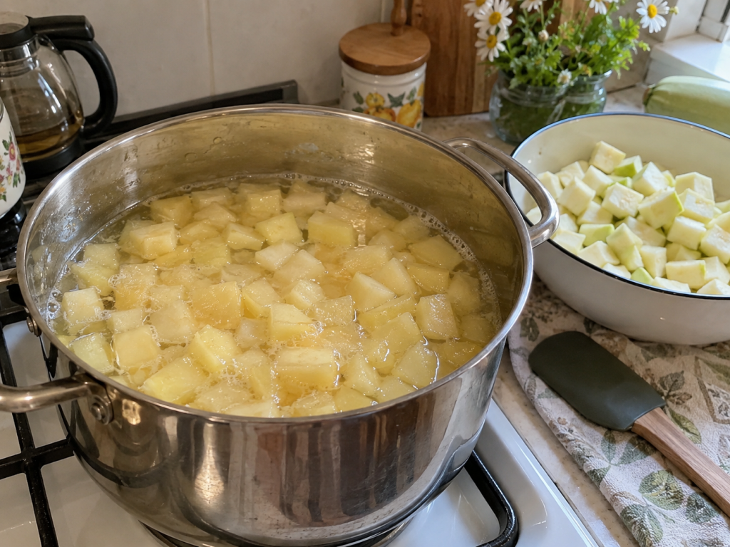 Кубики кабачка прогреваются в ананасовой заливке