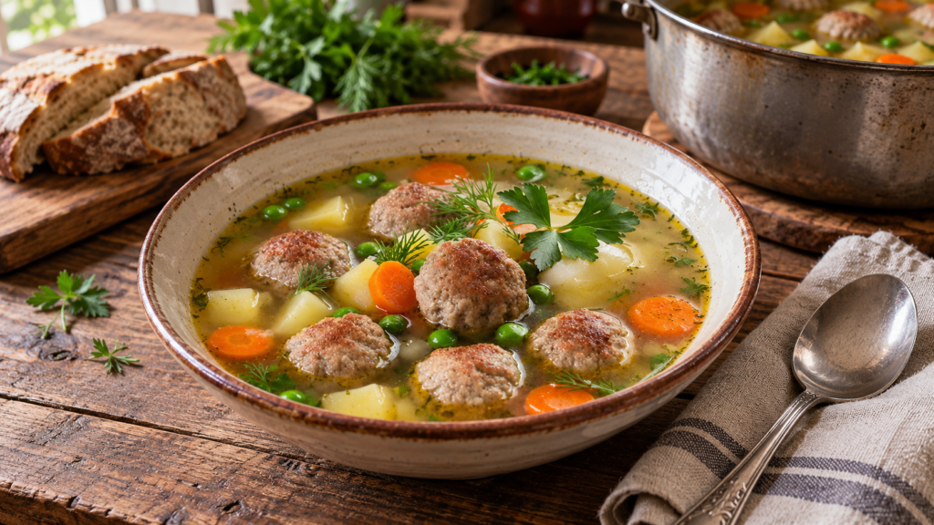 домашний картофельный суп с фрикадельками из замороженного мясного фарша
