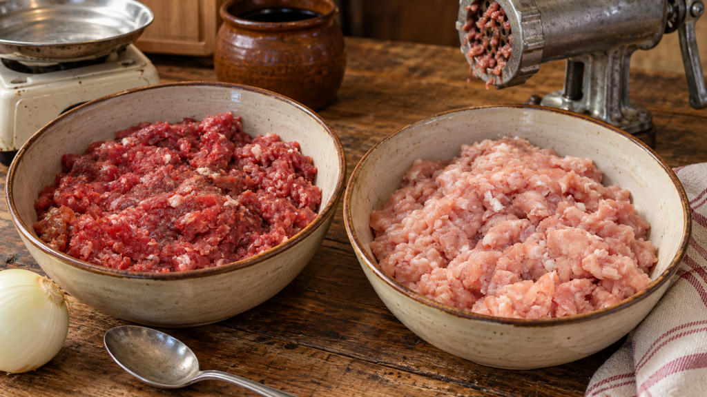 домашний мясной и куриный фарш для приготовления суповых фрикаделек