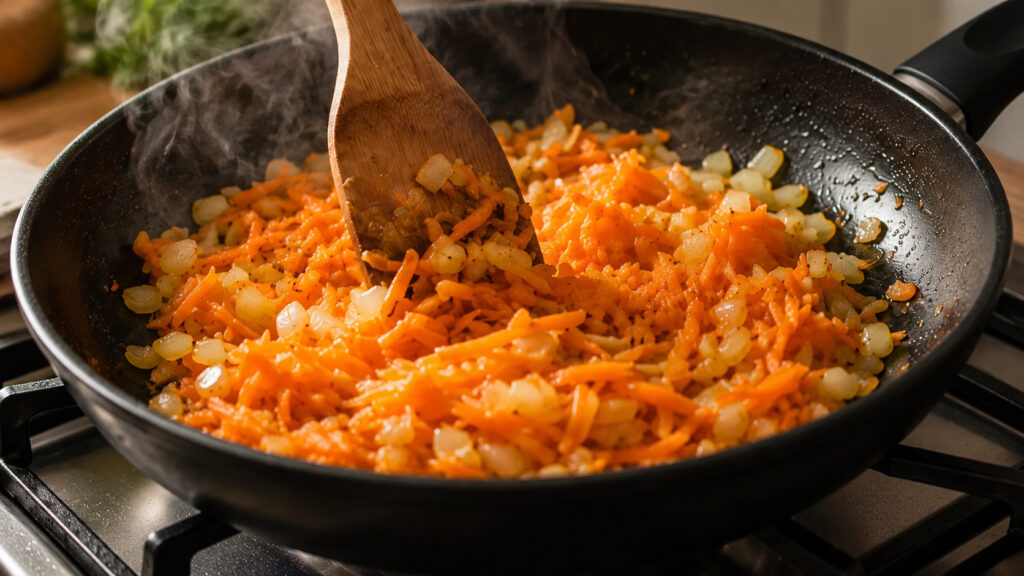 обжаренная морковь соломкой и репчатый лук для домашнего плова