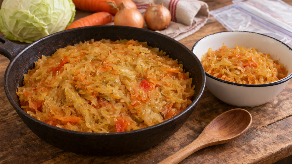 готовая тушёная капуста с овощами перед порционной заморозкой
