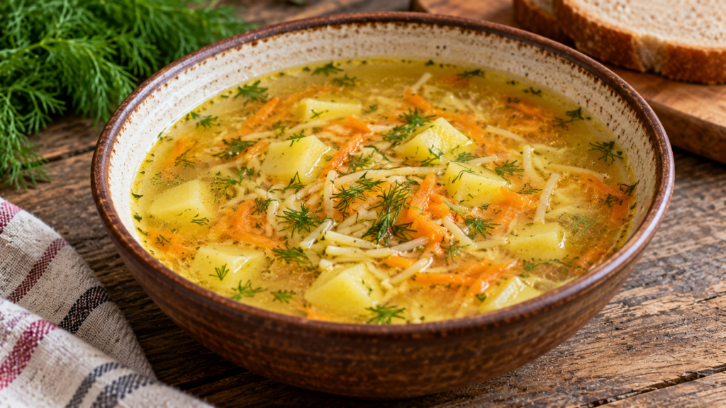 домашний картофельный суп с вермишелью на замороженном курином бульоне