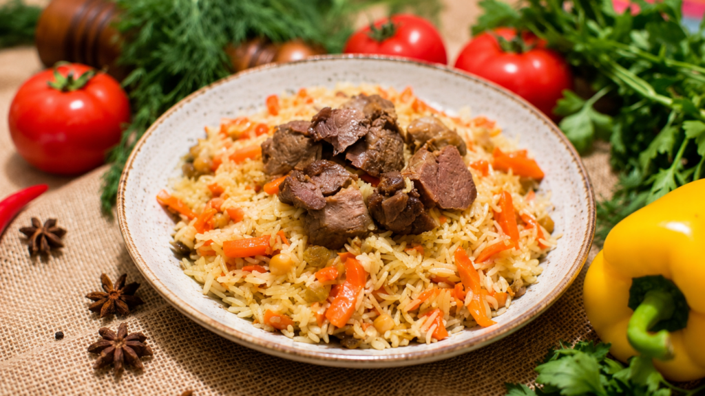 домашний плов из риса с мясом и обжаренной морковной основой