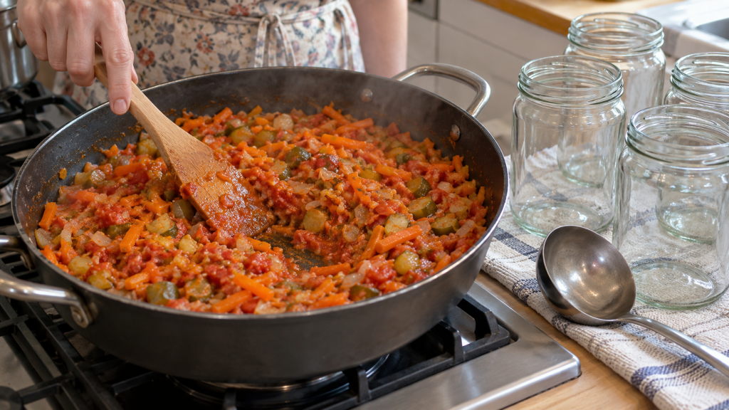 готовая овощная смесь с солёными огурцами перед фасовкой