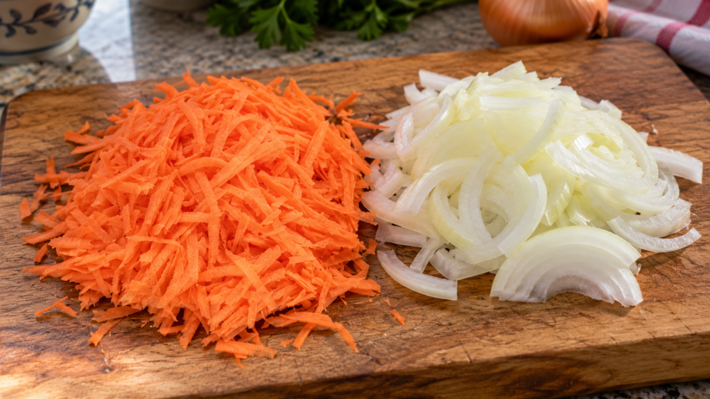 морковь соломкой и лук полукольцами для овощной основы плова