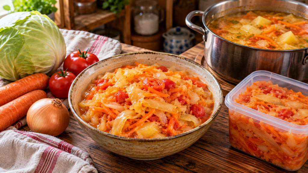 овощная заготовка для домашних щей из капусты моркови и томатов